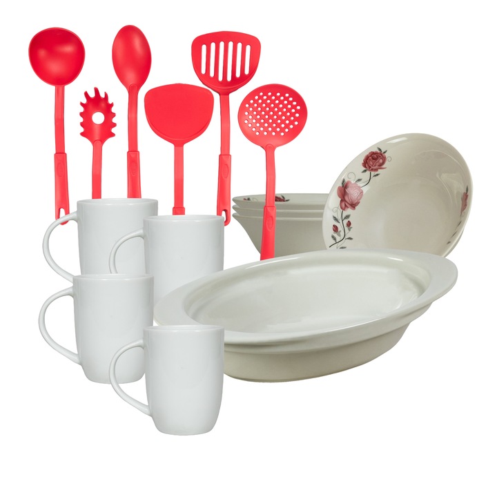 Set vesela, 4 persoane, 15 piese, cana 290 ml, bol, tava termorezistenta, ustensile bucatarie, Portelan decorat cu Trandafiri roz