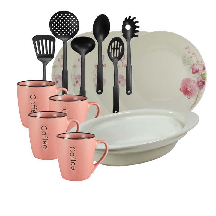 Set de masa, 4 persoane, 15 piese, cana roz, farfurie intinsa, tava termorezistenta, ustensile bucatarie, Portelan decorat cu Orhidee