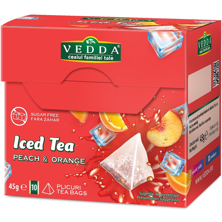 Ceai rece "Iced Tea" cu Piersici si Portocale fara zahar, fara calorii, 10 plicuri piramida, 45gr, Vedda