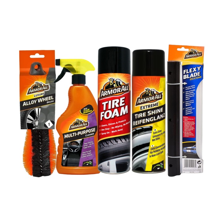 Kit ingrijire exterior auto Armor All, contine: perie curatare jante, solutie multi-suprafete, spuma anvelope, spuma luciu anvelope, lamela flexibila uscare