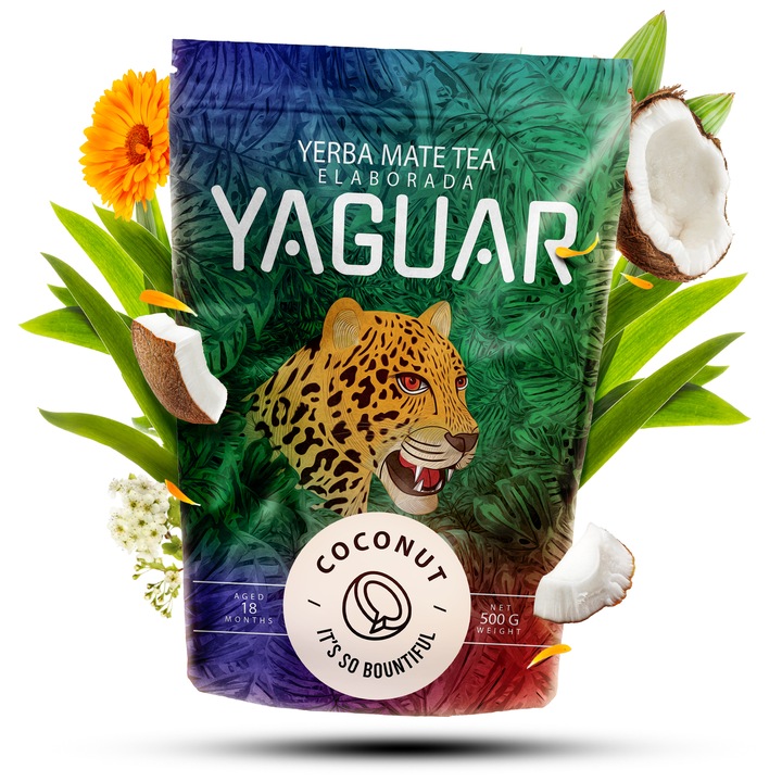 Yerba Mate Tea, Yaguar Coconut, Enyhe és Aromás, Ideális Kezdőknek, Természetes Stimuláció, Brazília, 500g