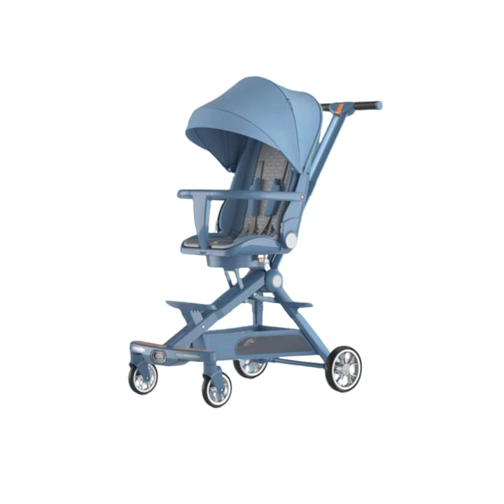 Carucior bebe, cu copertina retractabila pentru protectie UV, 6 si 36 luni, reversibil, pliere compacta tip troler pentru avion, lumini si muzica, Albastru