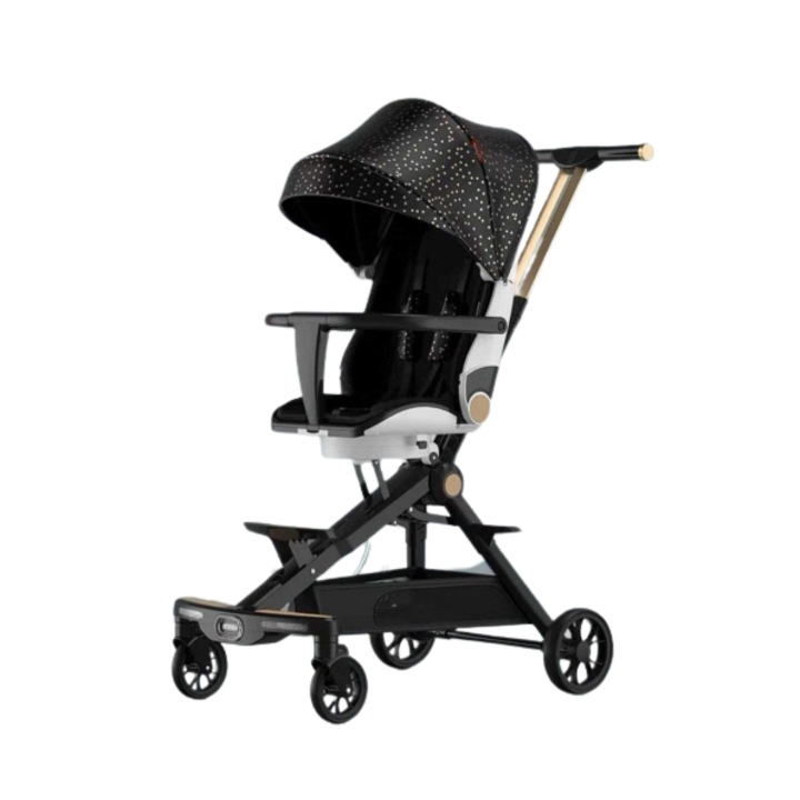 Carucior bebe, cu copertina retractabila pentru protectie UV, 6 si 36 luni, reversibil, pliere compacta tip troler pentru avion, lumini si muzica, Negru