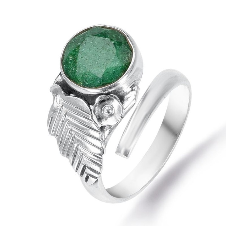 Inel reglabil argint Frunza cu smarald natural