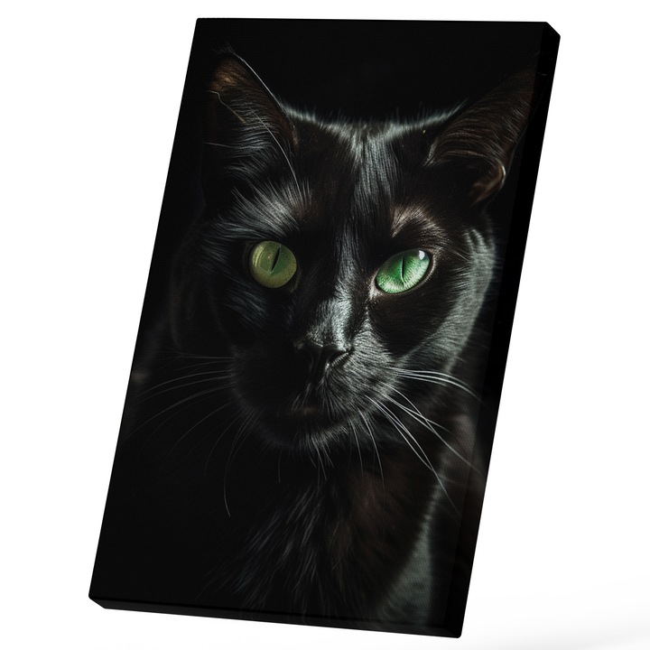 Tablou Canvas Cu Portret Pisica neagra Cu Ochii Verzi Fosforescent, Animal Blanos, Pisici Si Motani, Iubitorii De Animale De Companie, 25x40 cm, Multicolor