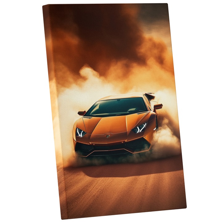 Tablou Canvas Cu Masina Sport Stralucitoare Portocalie Mat, Praf Ridicat In aer, Emblema Porche, Iubitorii De Moatoare Puternice, 25x40 cm, Multicolor