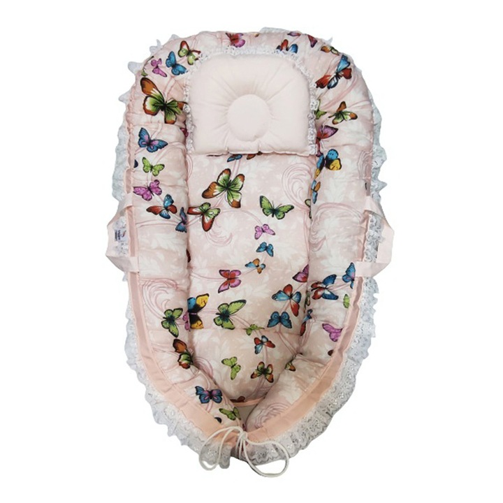 Set 2 piese, Cosulet bebelus pentru dormit, Fir de Curcubeu, Gradina cu Fluturi, XXL, 90X63 cm, 100% bumbac, multicolor