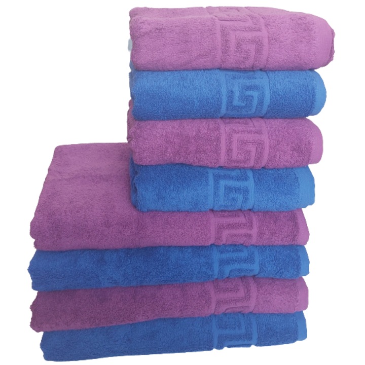Хотелски комплект пухкави кърпи, 8 части, гръцки модел, 100% памук, плътност 550g/m2, синьо-лилаво