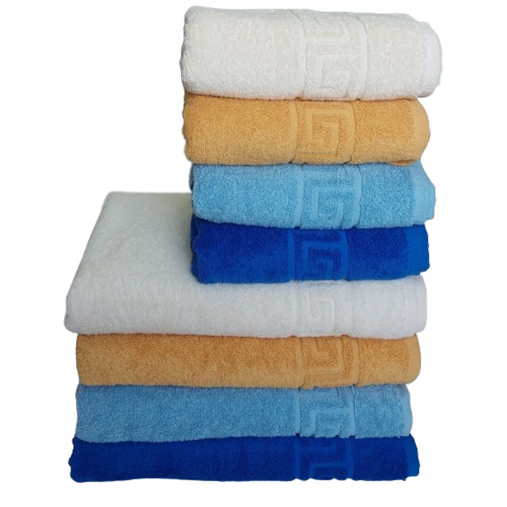 Хотелски комплект пухкави кърпи, 8 части, гръцки модел, 100% памук, плътност 550g/m2, многоцветен