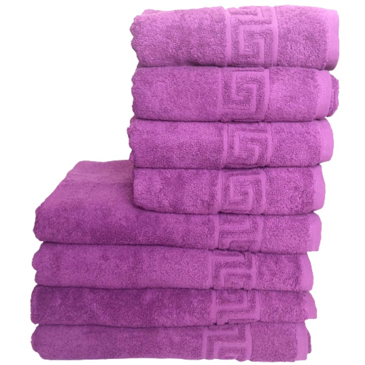 Szállodai bolyhos törölközőkészlet, görög modell, 100% pamut, sűrűsége 550 g/m2, 8 darab, lila