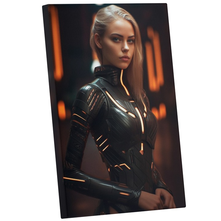Tablou Canvas Cu Fata Blonda In Costum Armura DE Super erou, Lumina Portocalie, Iubitorii De Filme Marvel, 25x40 cm, Multicolor