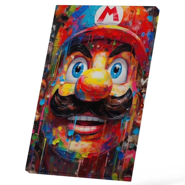Tablou Canvas Pictura Curgatoare Portret Super Mario Zambitor, Mustata Si Nas Bila, Sapca Rosie, Desene Animate, Iubitorii De Copilarie, 25x40 cm, Multicolor