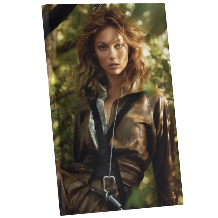 Tablou Canvas Cu Portret Fata Razboinica Cu Geaca Dr Piele Maro, Par Scurt, Padure Verde Colorata, Iubitorii De Filme, 25x40 cm, Multicolor