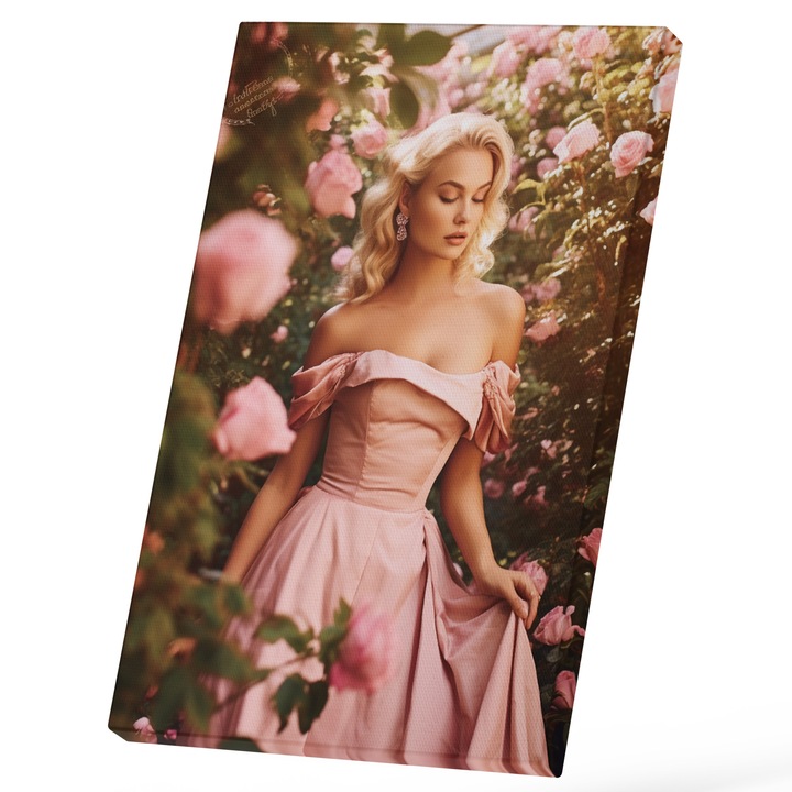 Tablou Canvas Cu Femeie Printesa Blonda Firava Intre Trandafiri Roz Pudrat, Rochie Fara Maneci Cu Umerii Goi Roz, Iubitorii De Fashion, 25x40 cm, Multicolor