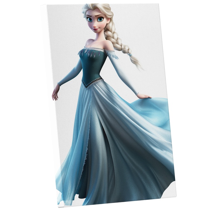 Tablou Canvas Cu Printesa Elsa, Rochie Albastra Cu Umerii Goi, Fundal Alb, Film Frozen, Disney Channel, Regatul De gheata, Iubitorii De Desene Animate, 25x40 cm, Multicolor