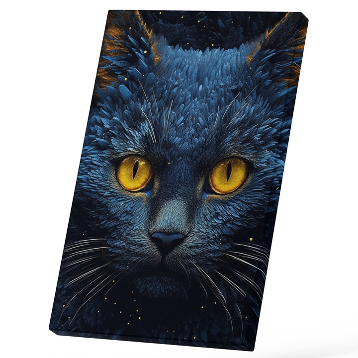 Tablou Canvas Pisica Neagra Cu Ochii Galbeni, Blana Albastru, Mustati Lungi, Motani, Animal Blanos, Iubitorii De caini Si Pisici, 25x40 cm, Multicolor