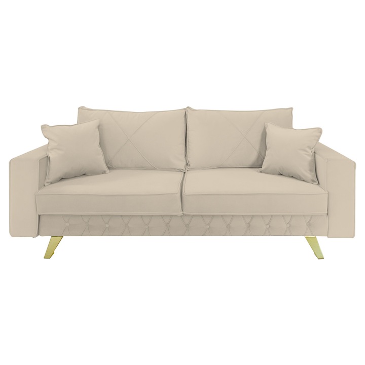 Canapea extensibila Alisson, cu lada de depozitare si picioare aurii, catifea v09 bej, 230x105x80