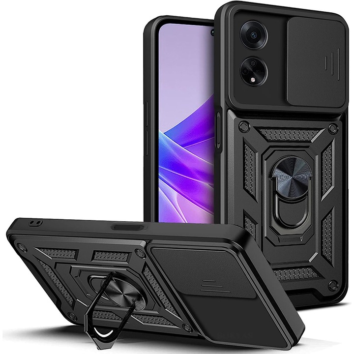 Husa pentru Oppo A98 5G cu inel Ring Armor Kickstand Aiyando cu protectie camera, negru