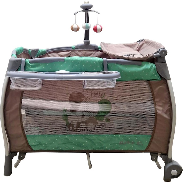 Легло, Сгъваемо, кошара Baby Care™ PRO FRW, 2 нива на височина, с песни и маса за повиване, въртележка с допълнителни играчки, мрежа против насекоми, кафяво със зелено