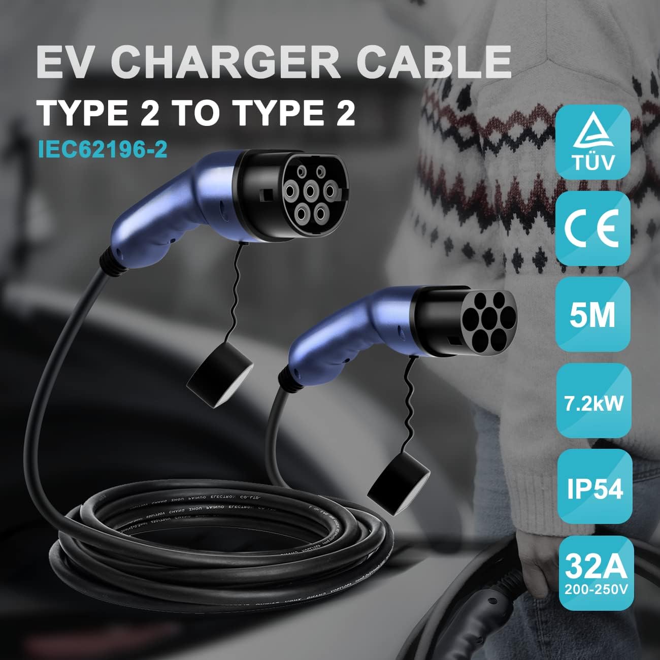 bokman EV Type 2 Charging Cable, Type 2 to Type 2, 7.2kW, 32A