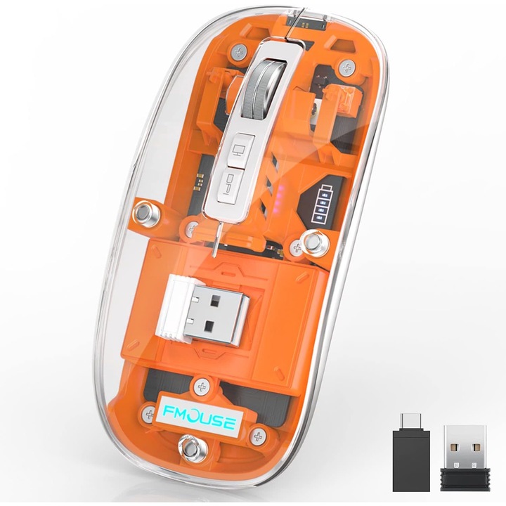 Безжична мишка, 3 режима на връзка, 2.4GHz безжична, 4 DPI, Безшумна, Презареждаема, Оранжева