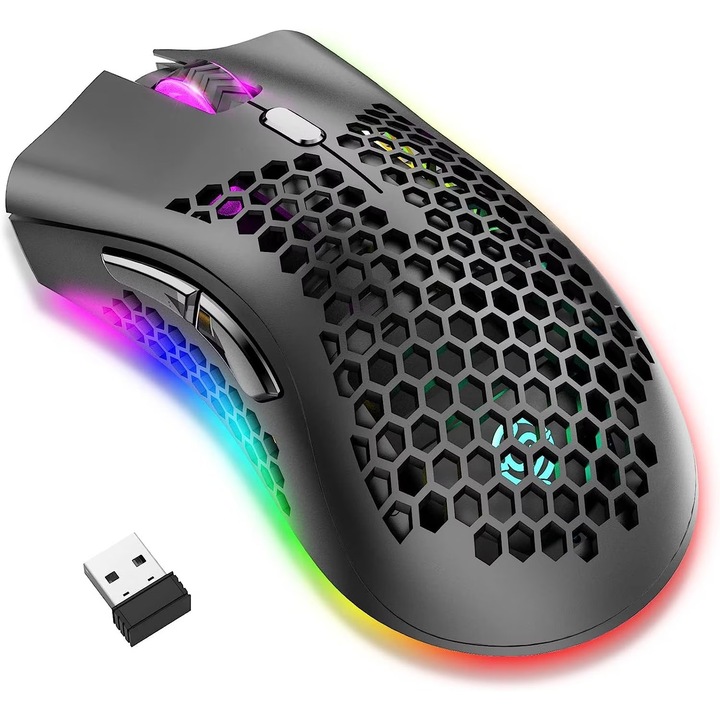 Безжична мишка за игри, 2.4GHz, 3 DPI, 6 бутона, RGB, Лека, Ергономична, Презареждаема, Подходяща за лаптопи, Черна