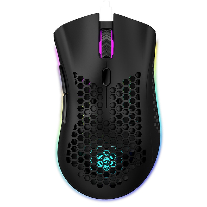 Безжична геймърска мишка, 6 бутона, 1600 DPI, RGB подсветка, черна