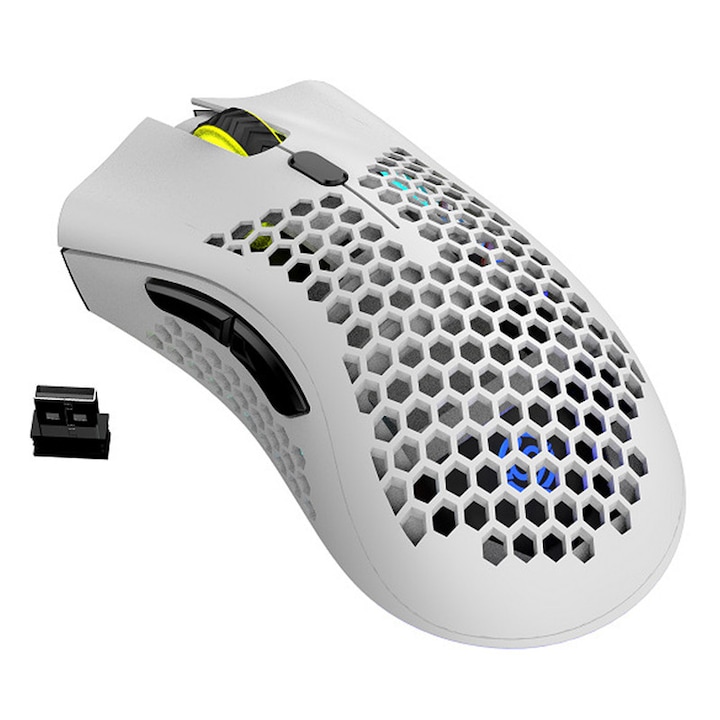 Mouse pentru jocuri fara fir, Cu receptor USB, 6 taste, 1600 DPI, Iluminare de fundal RGB, Usor, Reincarcabil, Pentru laptopuri, Alb