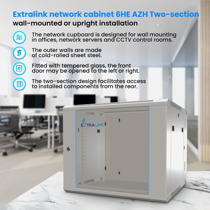 Шкаф Extralink, 6U 600x600 AZH, Сглобен, Две секции, Стенен/подов монтаж, Стъклена врата, Ляво/дясно отваряне на вратата, Сив
