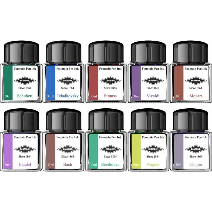 Set 10 buc Calimara cerneala 30ml Diamine Music Collection