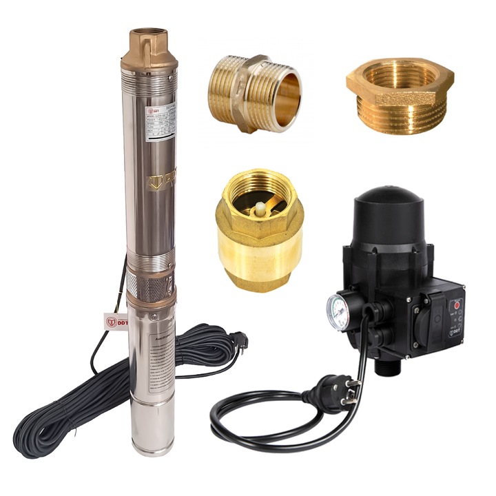 Потопяема помпа за чиста вода 4QJD2-8, 1500 W, 8 турбини, 7 mc/h, 1" пътен вентил, електронен пресостат, редукция 1"-1/2, нипел 1", 25 метра захранващ кабел