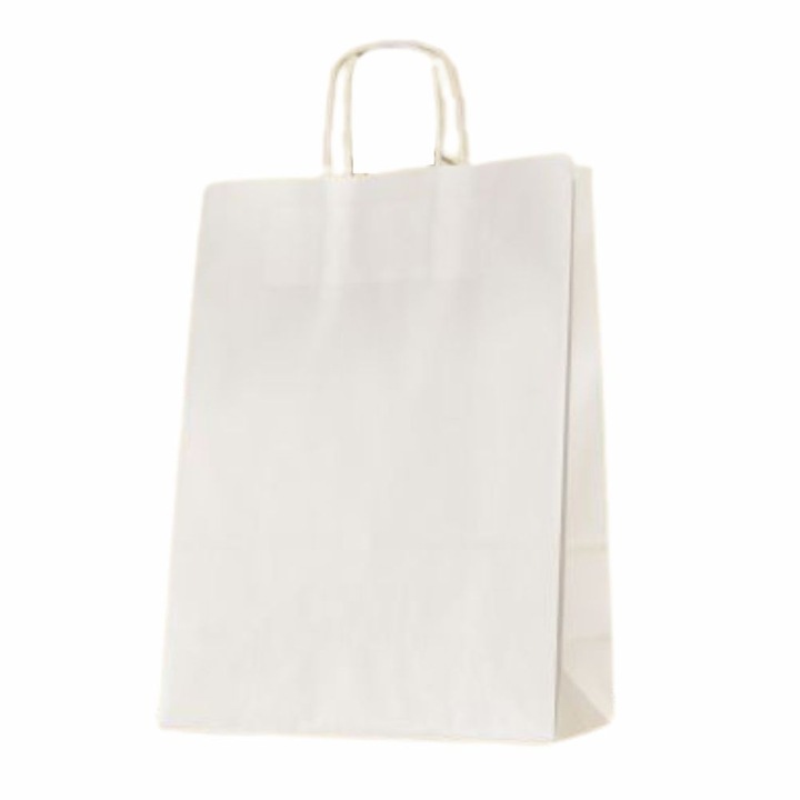 Sacosa din hartie kraft albit cu maner din hartie, 26x12x35 cm, set 100 buc