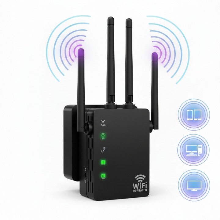 Amplificator Semnal Wireless, LittleDomi, Trasnfer pana la 1200Mbps, Dual-Band 2.4G-5G, Conexiune WPA/WPA2, 4 Antene cu Tehnologie MIMO, Port LAN, Negru