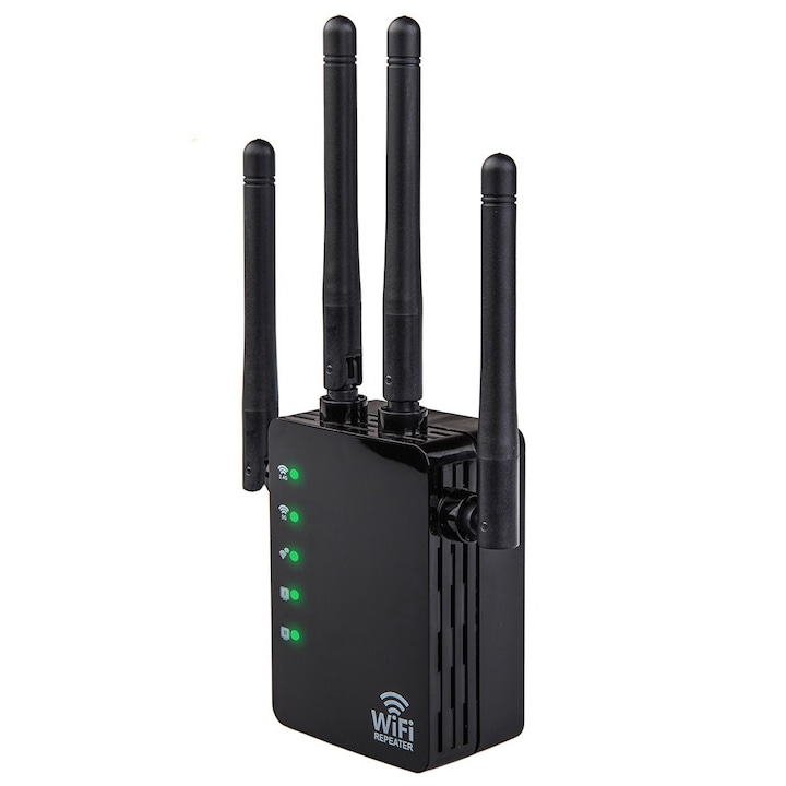 Amplificator Semnal Wireless, LittleDomi, Trasnfer pana la 1200Mbps, Dual-Band 2.4G-5G, Conexiune WPA/WPA2, 4 Antene cu Tehnologie MIMO, Port LAN, Negru