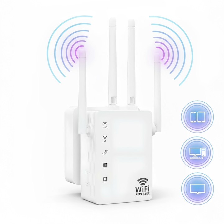 Amplificator Semnal Wireless, LittleDomi, Trasnfer pana la 1200Mbps, Dual-Band 2.4G-5G, Conexiune WPA/WPA2, 4 Antene cu Tehnologie MIMO, Port LAN, Alb