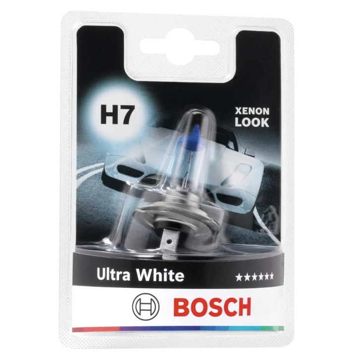 Халогенна крушка H7, 12V, 55W- Bosch Ultra White, бяла 5000K, Блистер x1 брой PX26D