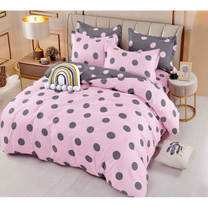 Ágynemű, lepedő gumival, Jojo Home, Pöttyös nyomat, 6 db, 2 személyes, 245x250cm, Finet Superior, Rózsaszín-barna