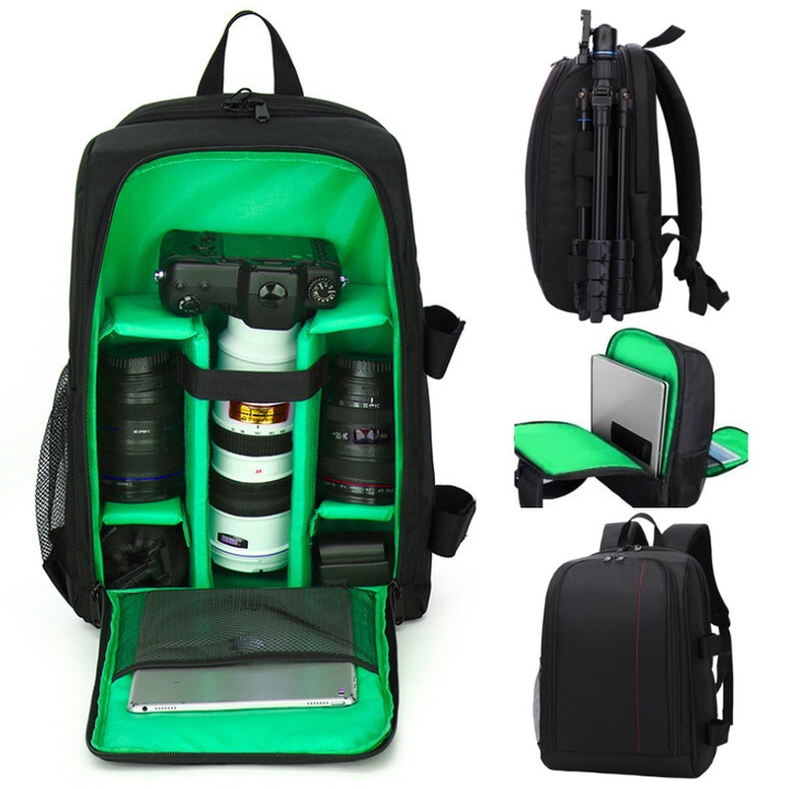 Раница за фотоапарат, VisionHub®, за професионални DSLR фотоапарати - без огледала, спортна камера, дрон, стойка за статив, обективи и аксесоари, лаптоп, водоустойчив капак, 30 см x 45 см, черно-зелен