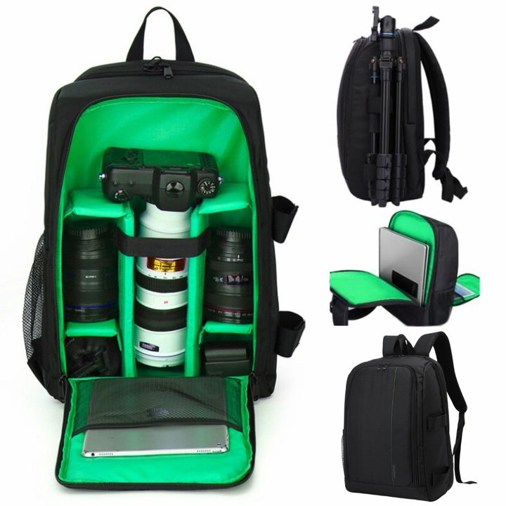 Fényképezőgép hátizsák, VisionHub®, Professzionális DSLR fényképezőgépekhez – Tükör nélküli, Sportkamera, Drón, Állvány, Objektívek és tartozékok, Laptop, Vízálló burkolat, 30 cm x 45 cm, Fekete zöld