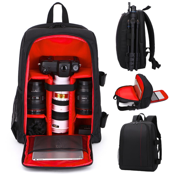 Раница за фотоапарат, VisionHub®, чанта за професионални DSLR фотоапарати - без огледала, спортна камера, дрон, стойка за статив, обективи и аксесоари, лаптоп, водоустойчив капак, 30 см x 45 см, черно-червен