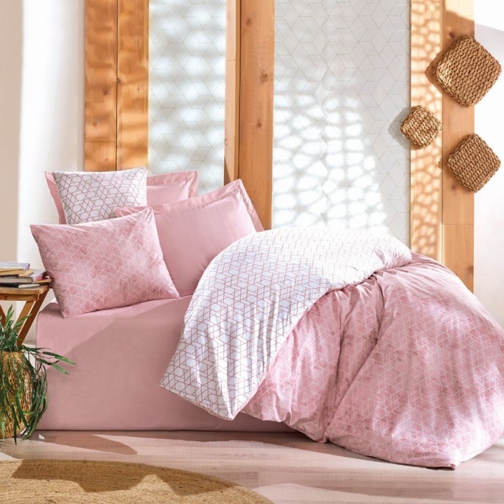 Lenjerie pat dublu, bumbac 100% ranforce, cearsaf pat cu elastic 180 x 200 cm, 4 piese, Cotton Box, Best roz geometric