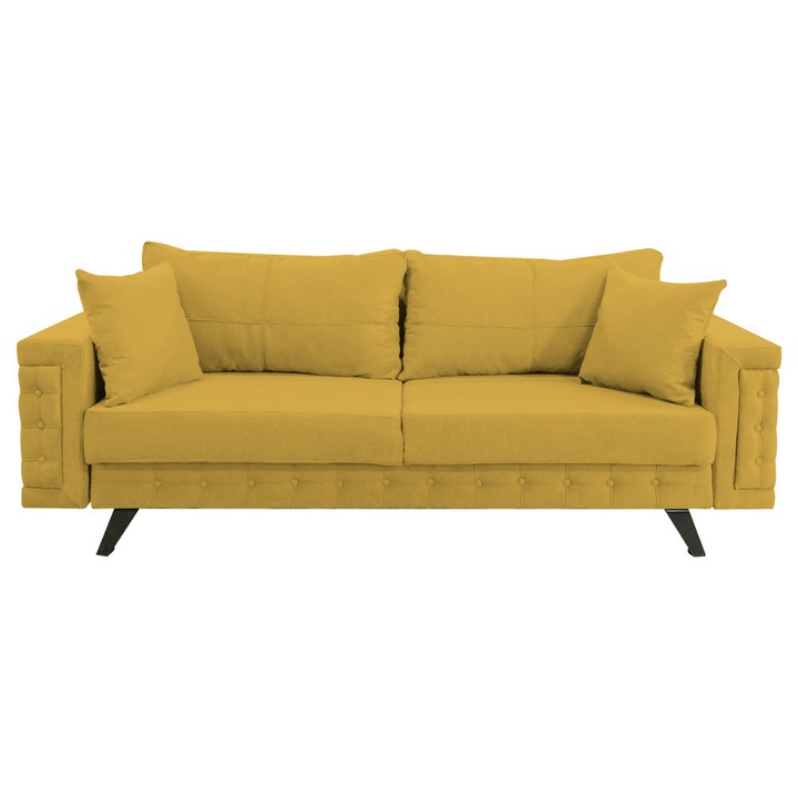 Canapea extensibila Omega, cu lada de depozitare si picioare negre, stofa p48 galben mustar, 230x105x80