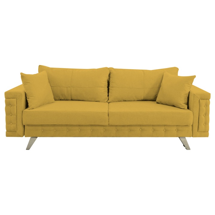 Canapea extensibila Omega, cu lada de depozitare si picioare argintii, stofa p48 galben mustar, 230x105x80