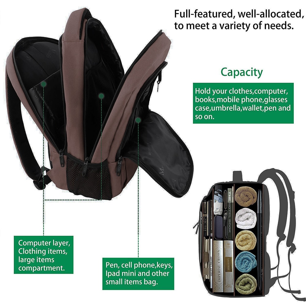 Rucsac de calatorie, AMRINUGL, 18 inch, USB, Maro
