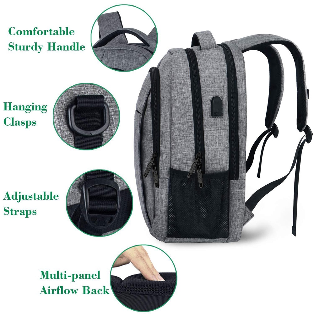Rucsac de calatorie, compartiment pentru laptop 18 inch, capacitate mare, gri, cu port USB