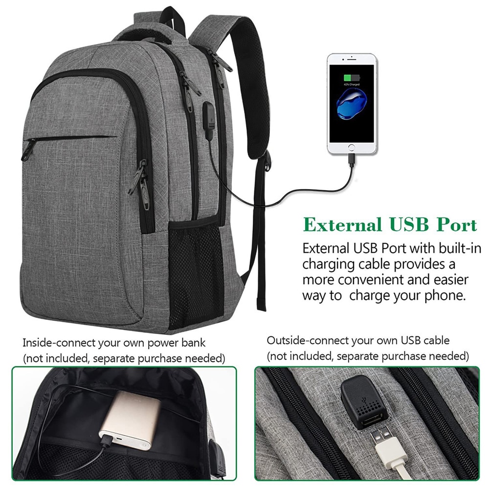 Rucsac de calatorie, compartiment pentru laptop 18 inch, capacitate mare, gri, cu port USB