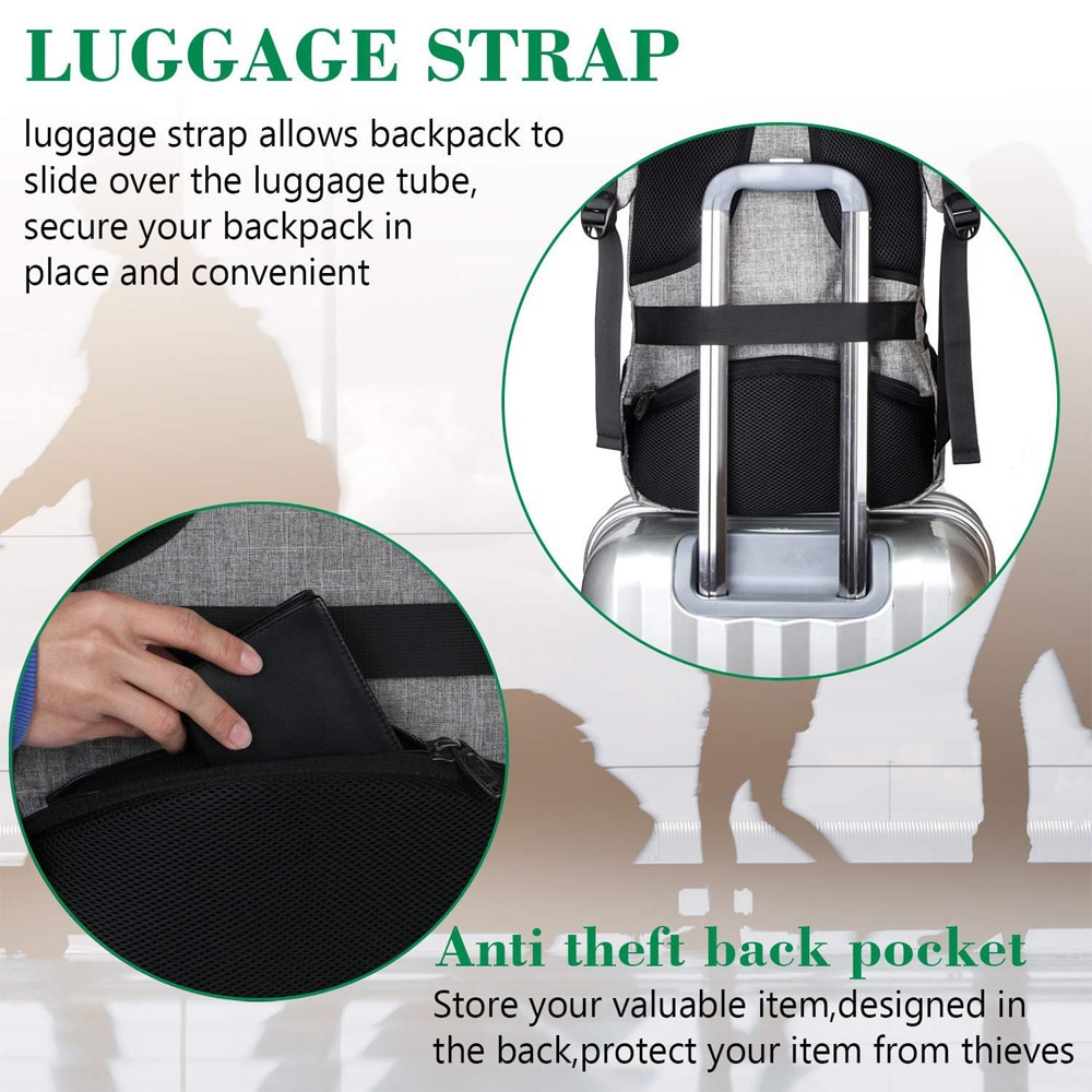 Rucsac de calatorie, compartiment pentru laptop 18 inch, capacitate mare, gri, cu port USB