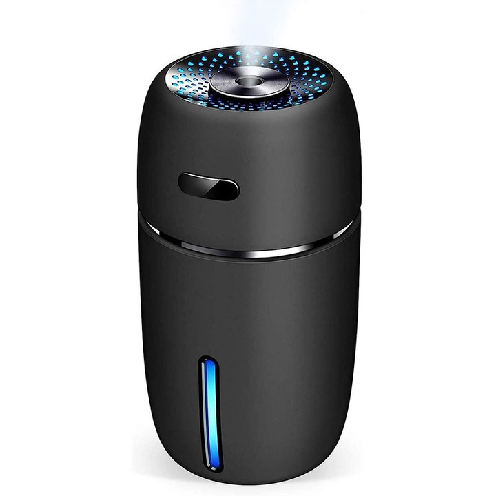 Mini USB párásító autóba, ABS/polipropilén, 200 ml, LED, fekete