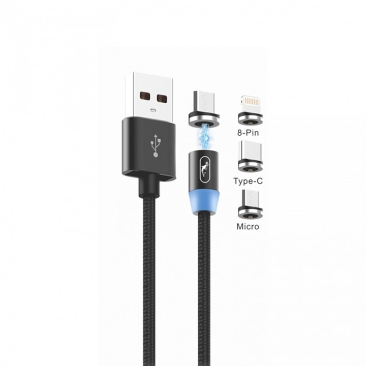 USB kábel SkyDolphin S59KIT, Mágneses 3 az 1-ben, Micro USB, Type-C, Lightning, 2,4A, 1m, fekete
