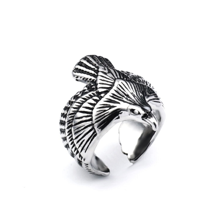 Inel in forma de vultur pradator, model nature bird and the sky king, marime universala, reglabil, argintiu, EFAYN